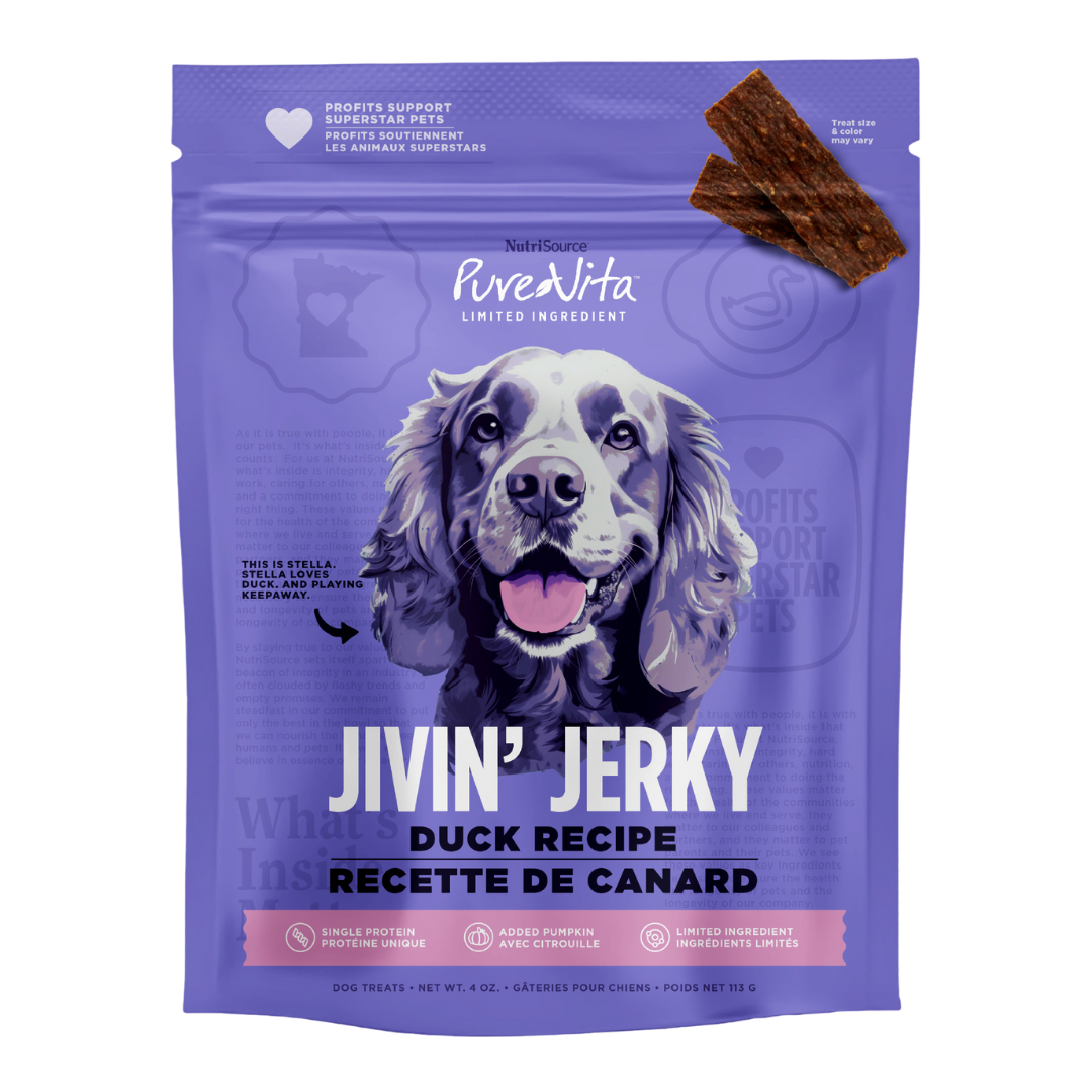 NutriSource Duck Jivin' Jerky front of bag.