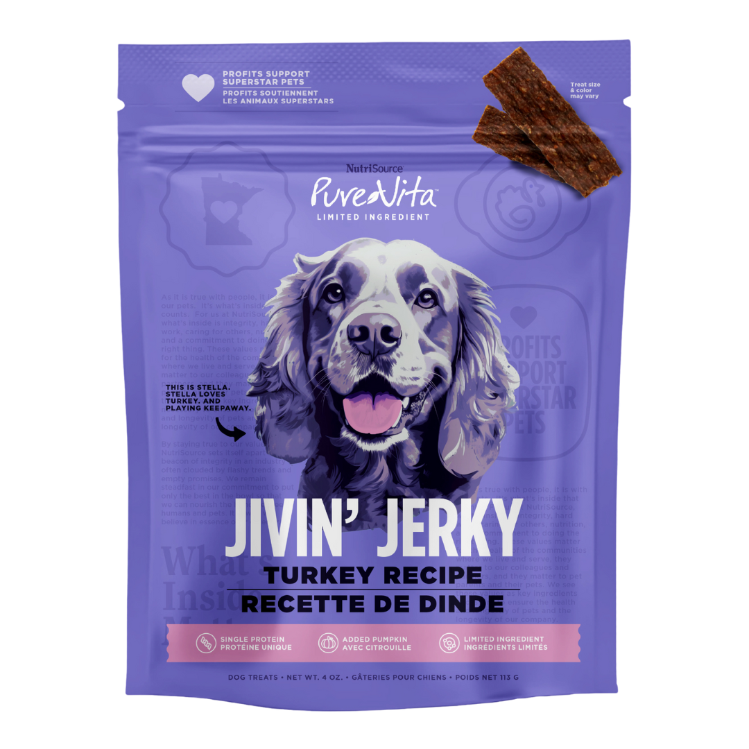 NutriSource Turkey Jivin' Jerky front of bag.