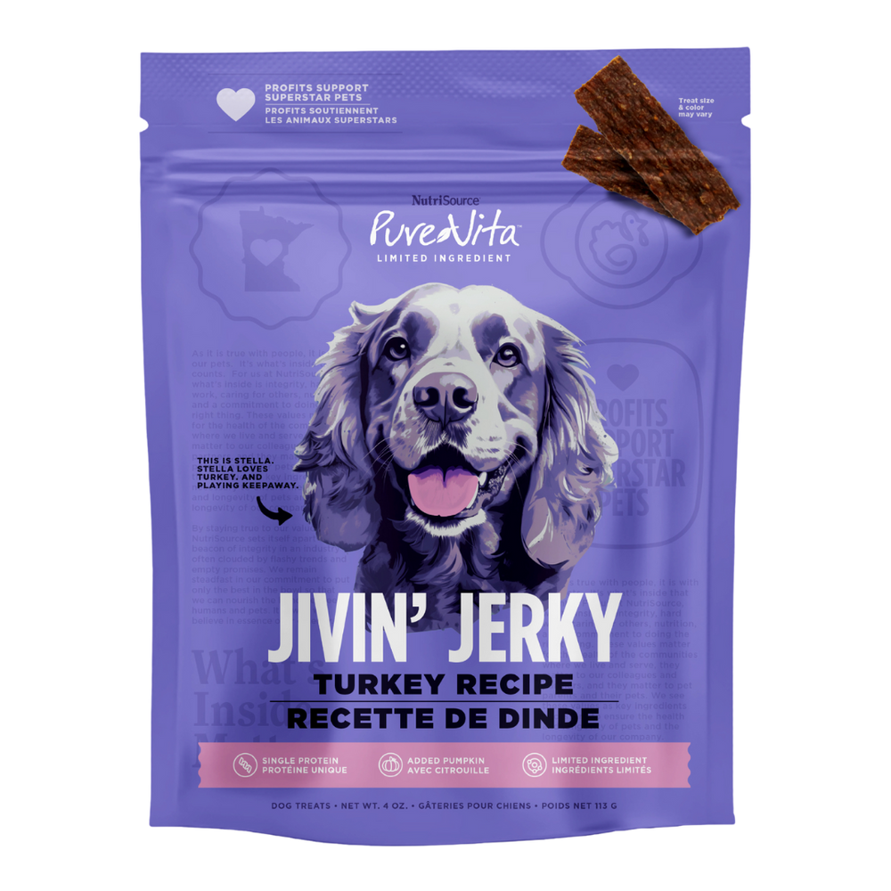 NutriSource Turkey Jivin' Jerky front of bag.