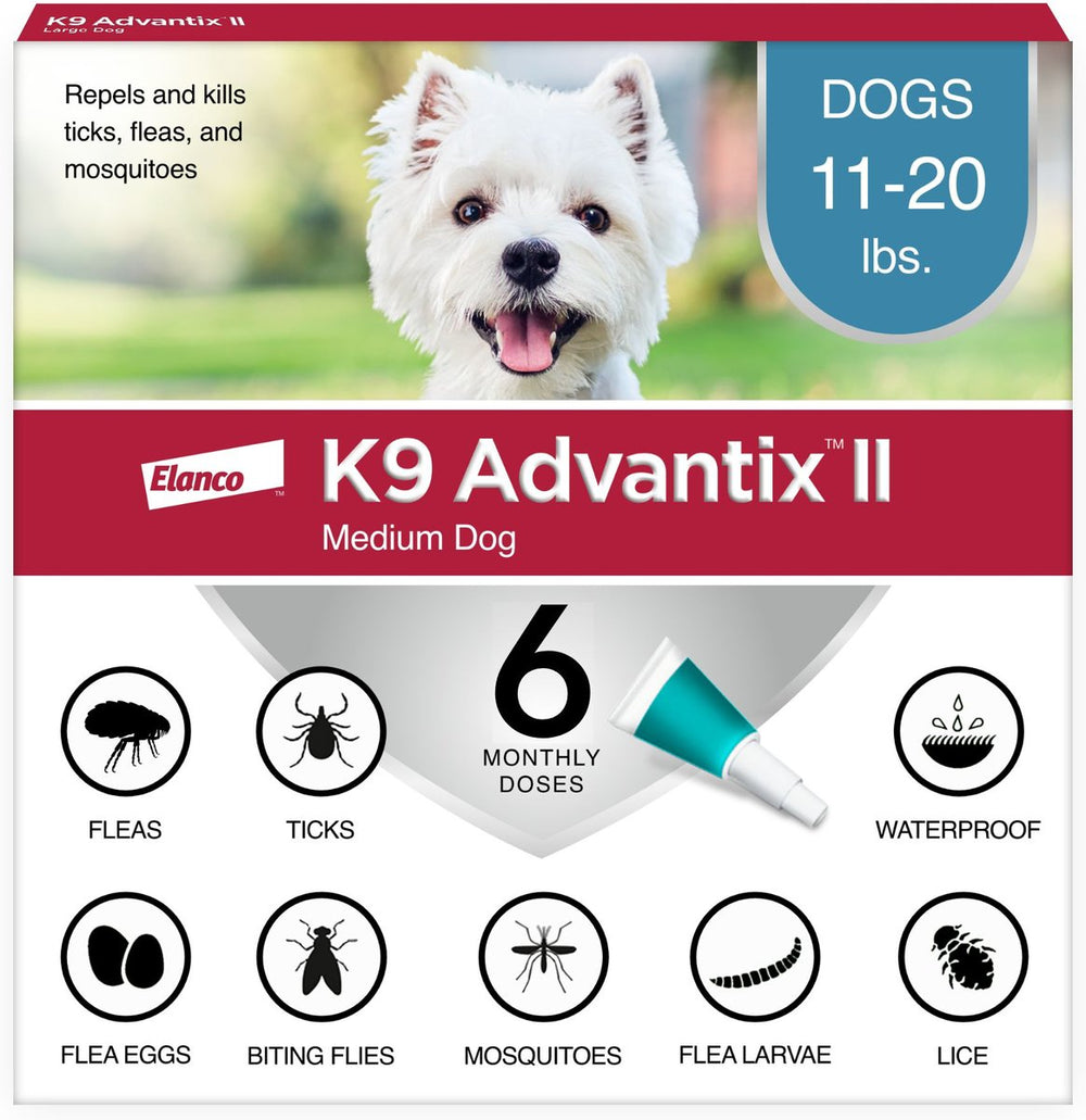 K9 Advantix II for Medium Dogs 11-20lbs, repels and kills ticks, fleas and mosquitoes, 6 monthly doses