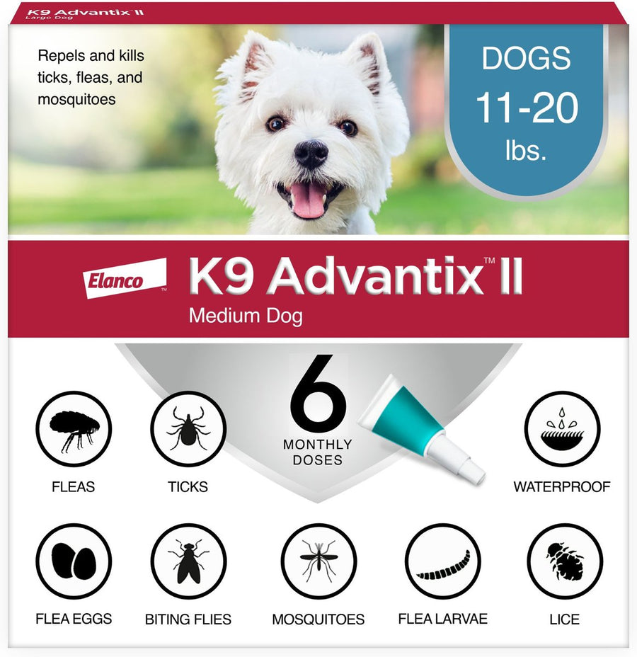 K9 Advantix II for Medium Dogs 11-20lbs, repels and kills ticks, fleas and mosquitoes, 6 monthly doses