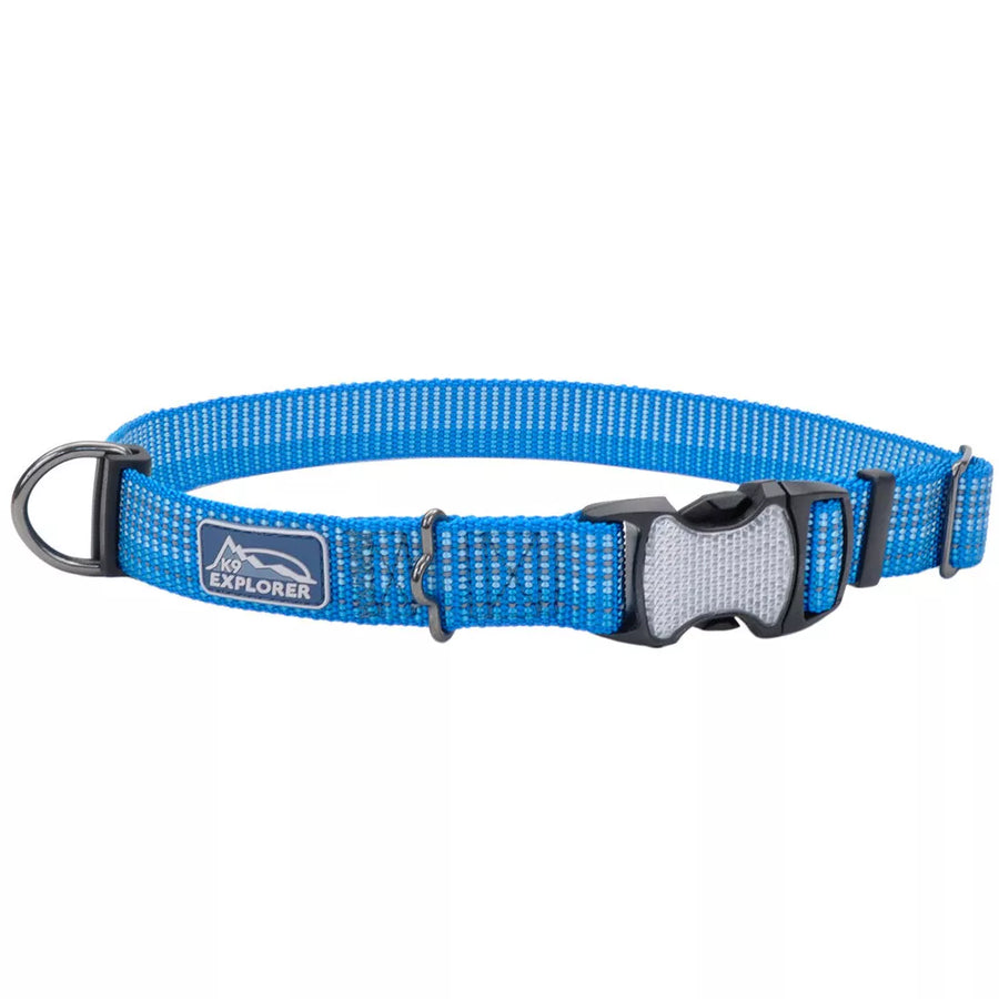 Blue collar with reflective material woven in the fabric. The pinch buckle is closed, showing reflective material on it.