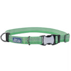 Green collar with reflective material woven in the fabric. The pinch buckle is closed, showing reflective material on it.