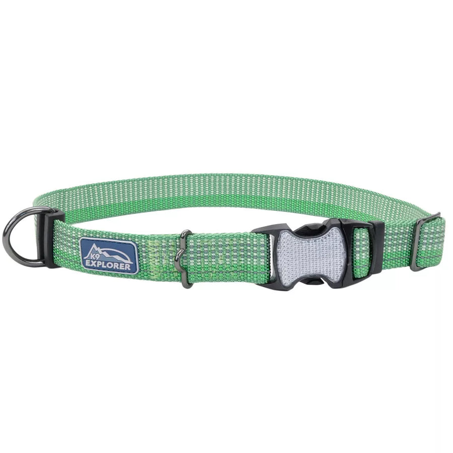 Green collar with reflective material woven in the fabric. The pinch buckle is closed, showing reflective material on it.