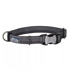 Black collar with reflective material woven in the fabric. The pinch buckle is closed. Showing D ring for leash attachment.