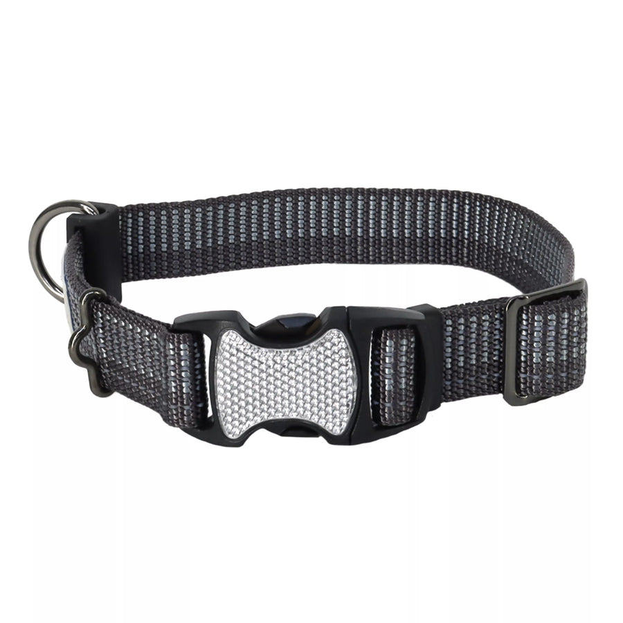 Black collar with reflective material woven in the fabric. The pinch buckle is closed, showing reflective material on it.