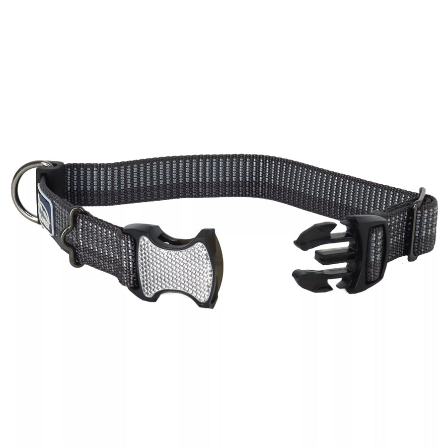 Black collar with reflective material woven in the fabric. The pinch buckle is open.
