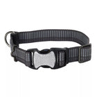 Black collar with reflective material woven in the fabric. The pinch buckle is closed, showing reflective material on it.