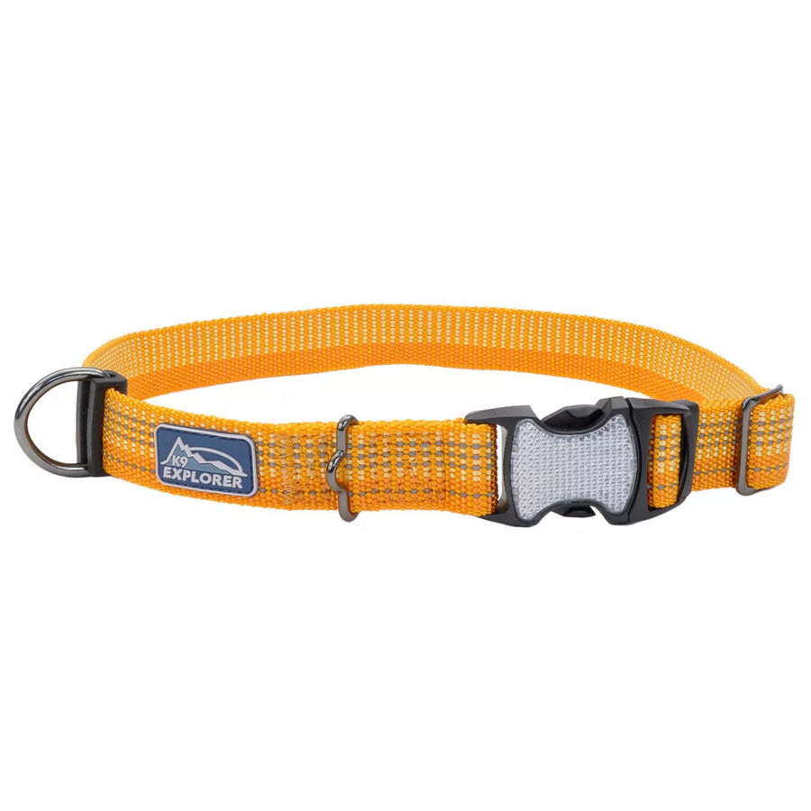 Orange collar with reflective material woven in the fabric. The pinch buckle is closed, showing reflective material on the buckle.