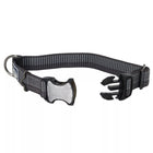 Black collar with reflective material woven in the fabric. The pinch buckle is open.