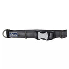 Collar with reflective material woven in the fabric. The pinch buckle is closed, showing reflective material on the buckle.