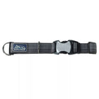 Collar with reflective material woven in the fabric. The pinch buckle is closed, showing reflective material on the buckle.