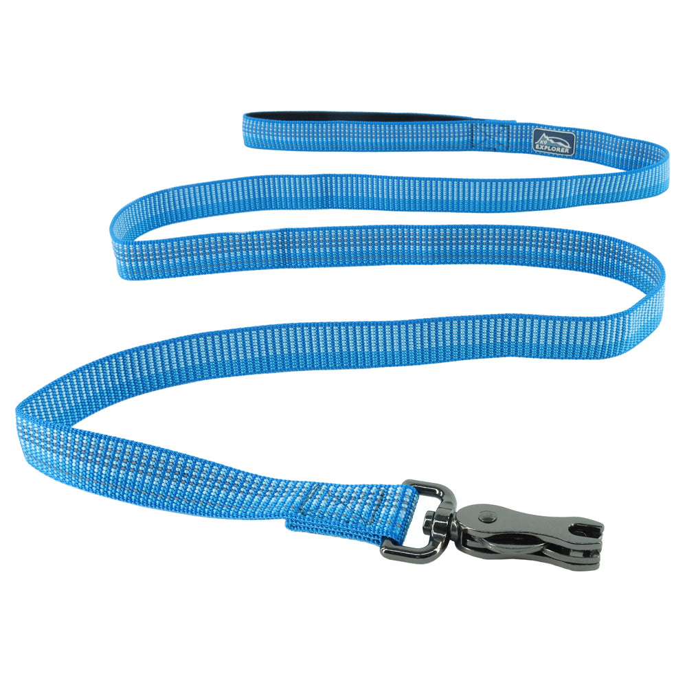 Blue leash laid out to show length. At the end of the leash shows the metal clasp for attachment.