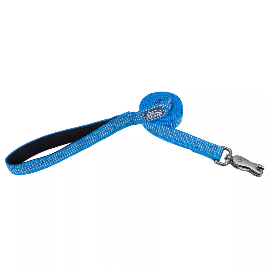 Blue leash rolled up. Image shows padded handle open and at the end of the leash shows the metal scissor clasp for attachment.