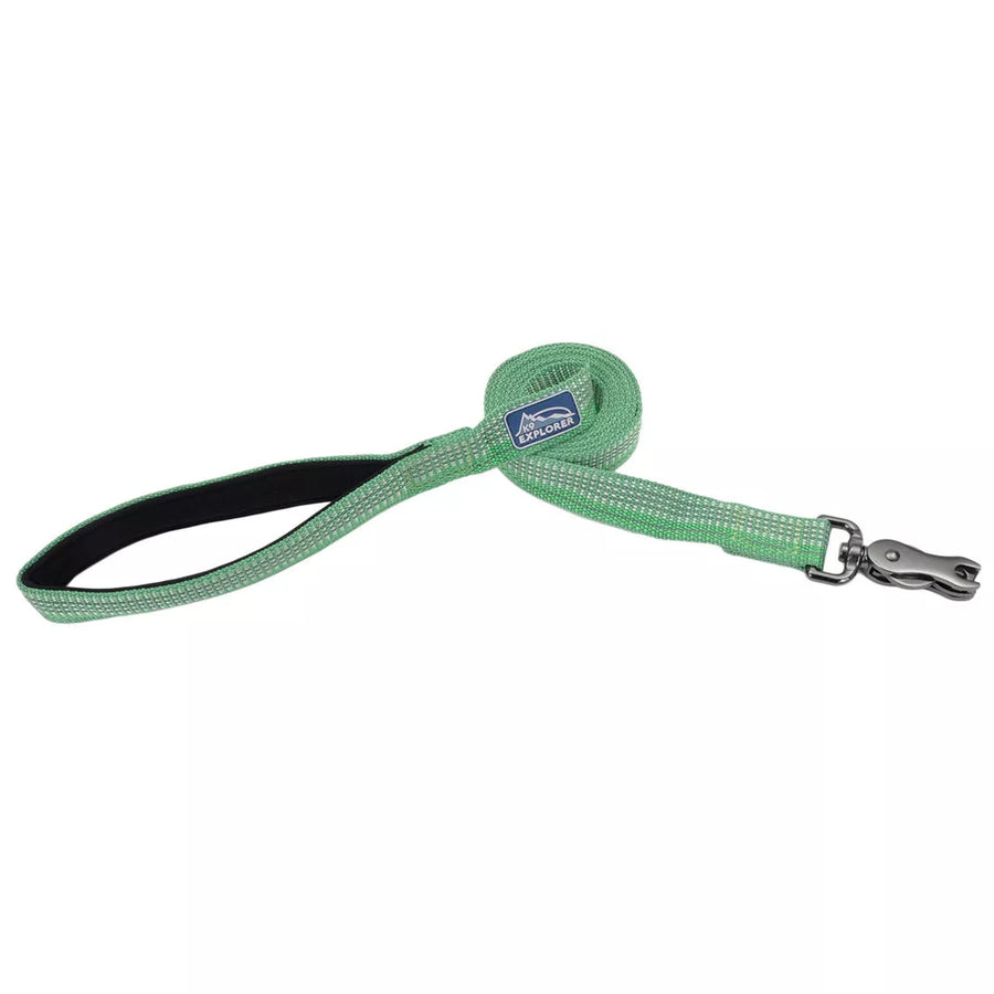 Green leash rolled up. Image shows padded handle open and at the end of the leash shows the metal scissor clasp for attachment.