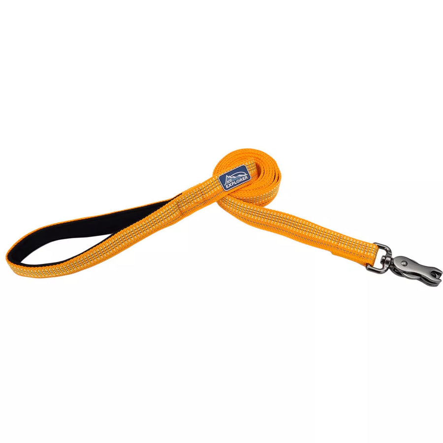 Orange leash rolled up. Image shows padded handle open and at the end of the leash shows the metal scissor clasp for attachment.