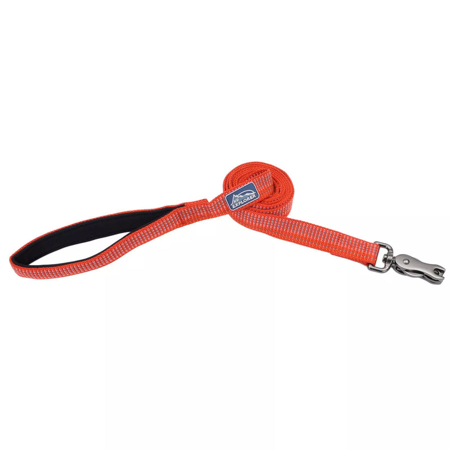 Red leash rolled up. Image shows padded handle open and at the end of the leash shows the metal scissor clasp for attachment.