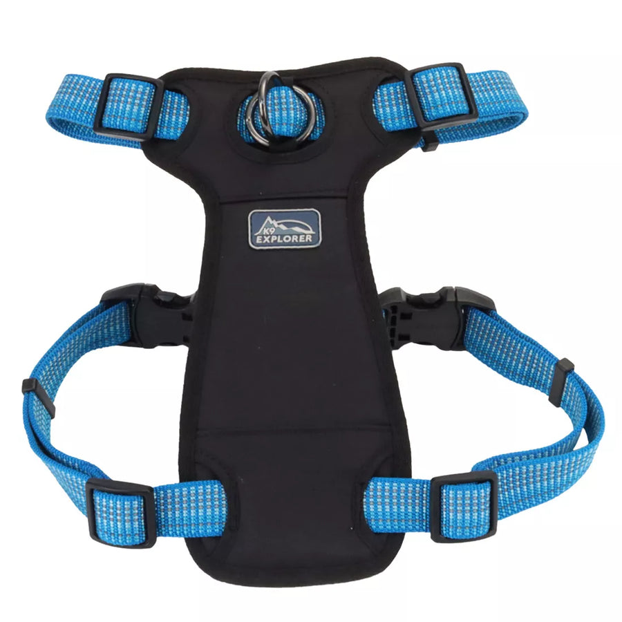 Close up of harness. Showing padded center piece, with the head strap and body strap. D ring in the center for leash attachment.
