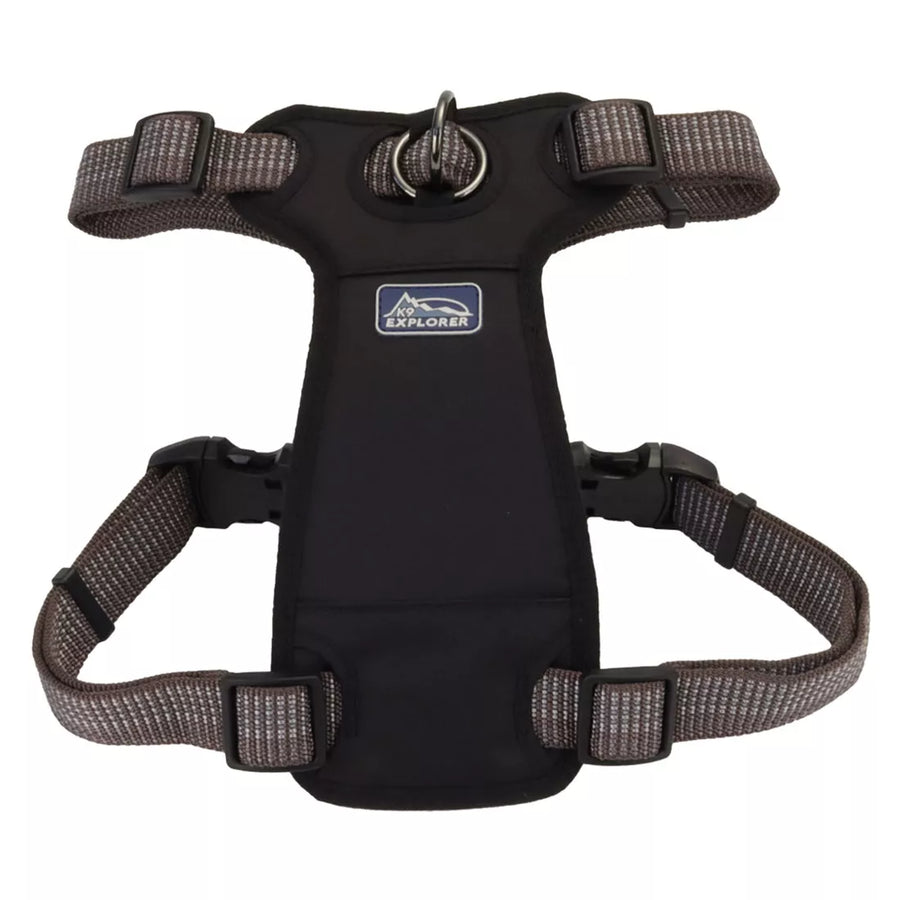 Close up of harness. Showing padded center piece, with the head strap and body strap. D ring in the center for leash attachment.