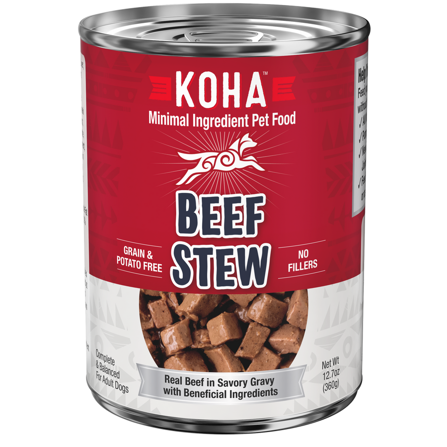 Front can of KOHA Grain & Potato Free Beef Stew Canned Dog Food 12.7oz