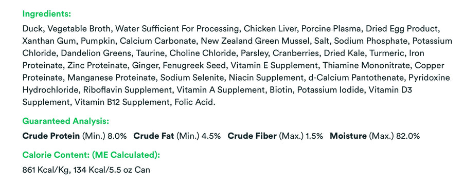 Ingredients list for KOHA Grain & Potato Free Duck Stew Canned Cat Food.