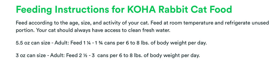Feeding Guidelines for KOHA Grain & Potato Free Limited Ingredient Diet Rabbit Pate Canned Cat Food.