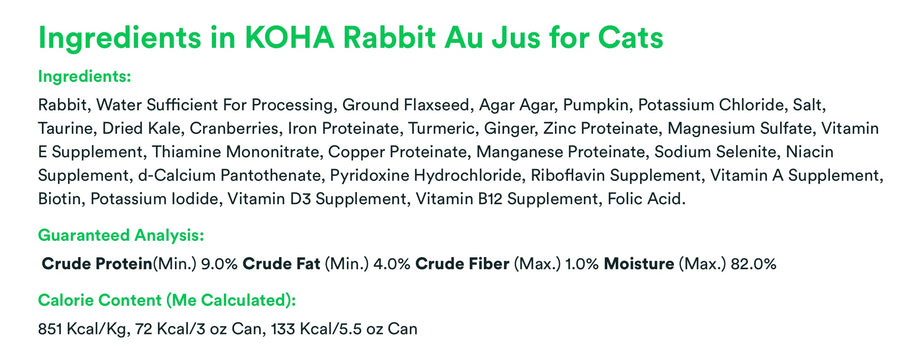 Ingredients lists for KOHA Grain & Potato Free Limited Ingredient Diet Rabbit Pate Canned Cat Food.