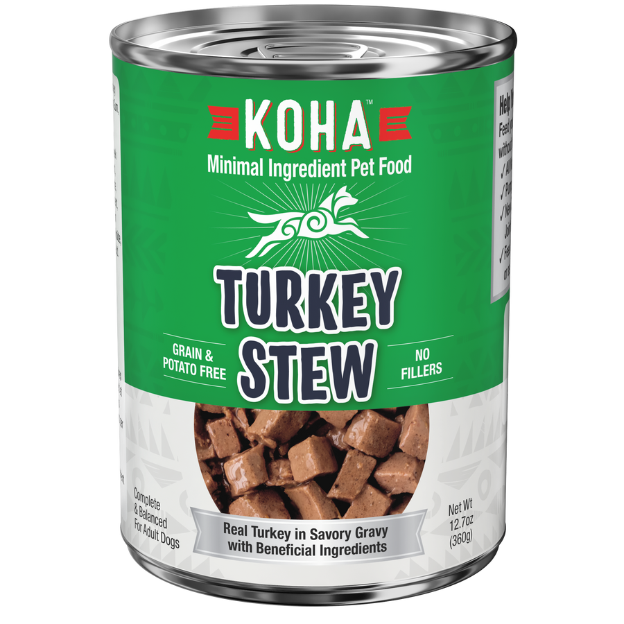 Front can of KOHA Grain & Potato Free Turkey Stew Canned Dog Food 12.7oz