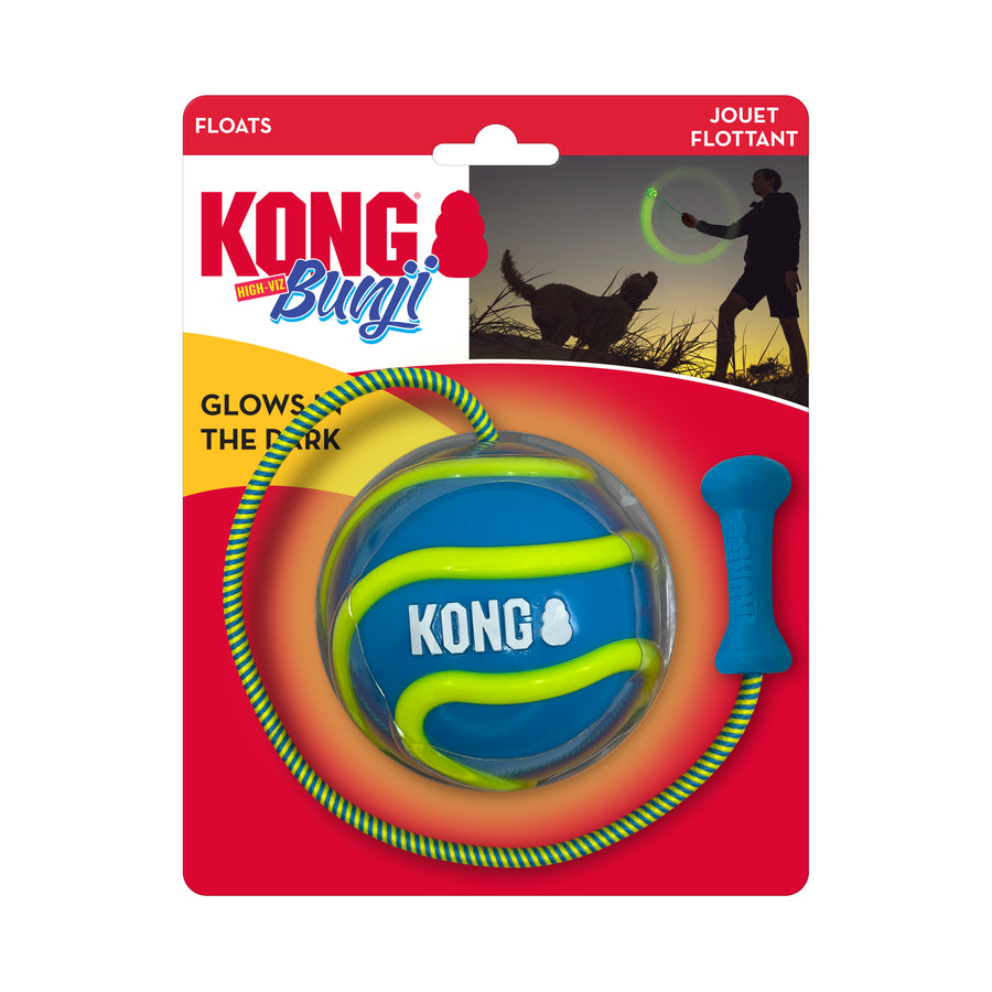 Front packaging of KONG Bunji High-Viz Ball Dog Toy, glows in the dark
