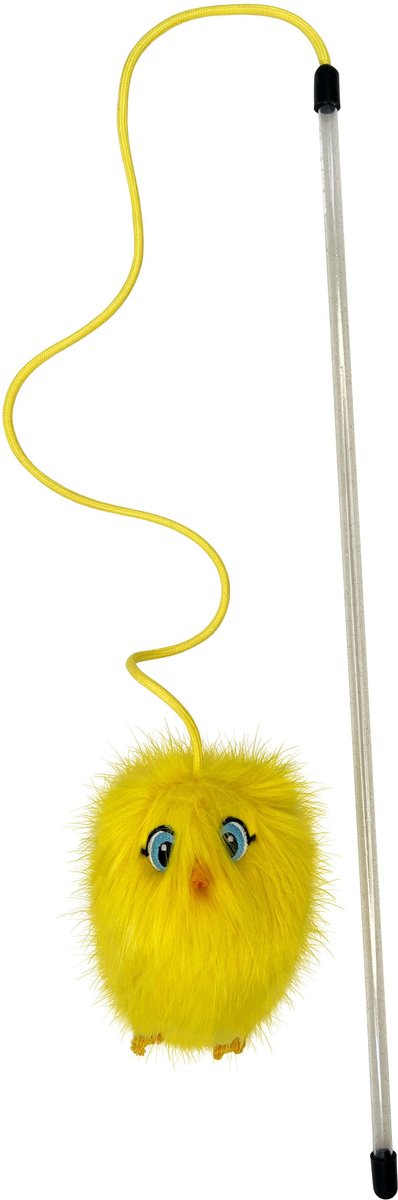 KONG Chirpz Chick Cat Teaser Wand featuring a clear plastic wand attached to a yellow cord, with a fluffy yellow chick toy that has blue cartoon eyes and an orange beak and feet.
