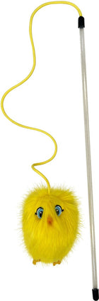 KONG Chirpz Chick Cat Teaser Wand featuring a clear plastic wand attached to a yellow cord, with a fluffy yellow chick toy that has blue cartoon eyes and an orange beak and feet.