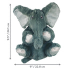 A KONG Comfort Kiddos Elephant plush dog toy with soft, fuzzy fabric. The toy features large floppy ears, embroidered paw details, small black eyes, and a slightly curved trunk. The image includes dimension markers indicating that the toy measures 9.5 inches (12.7 cm) in height and 9 inches (22.8 cm) width.