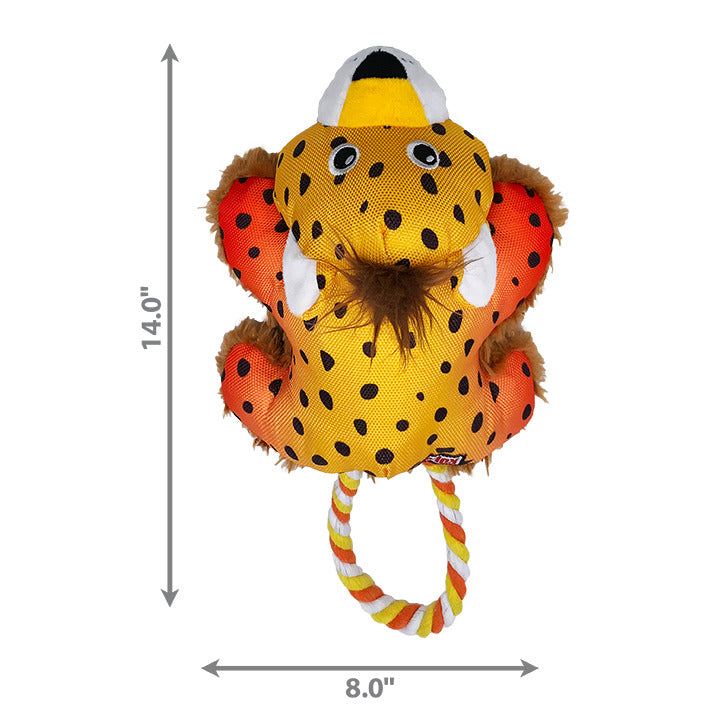 KONG Cozie Tuggz Cheetah dog toy with dimensions labeled: 14 inches tall and 8 inches wide. The plush toy is yellow with black spots, orange limbs, white fangs, and a small brown mane. It has a soft but durable fabric texture, an expressive face, and a sturdy twisted rope handle in yellow, orange, and white for tugging play.