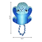 KONG Cozie Tuggz Frog dog toy with labeled dimensions. The dimensions indicate the toy is 13.5 inches tall and 8.5 inches wide. The plush toy is blue with dark blue spots, soft furry accents, and round black eyes. It has a durable, slightly shiny fabric texture and includes a sturdy twisted rope handle in blue and white for interactive tugging play. 