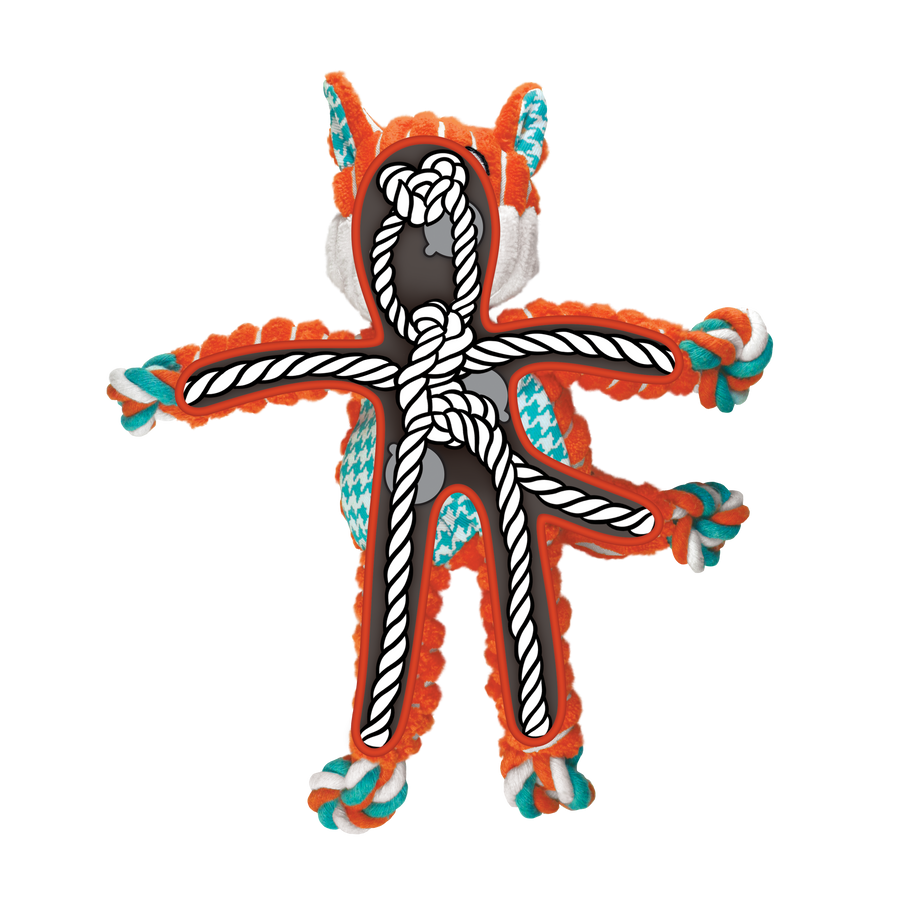 This image provides an inside look at the KONG Floppy Knots Fox Dog Toy, revealing its internal rope structure. The plush fox has a strong rope skeleton tied in multiple knots, extending through its arms, legs, and torso, enhancing durability and providing a satisfying chewing experience for dogs. The exterior remains soft and plush, while the rope interior ensures long-lasting play.