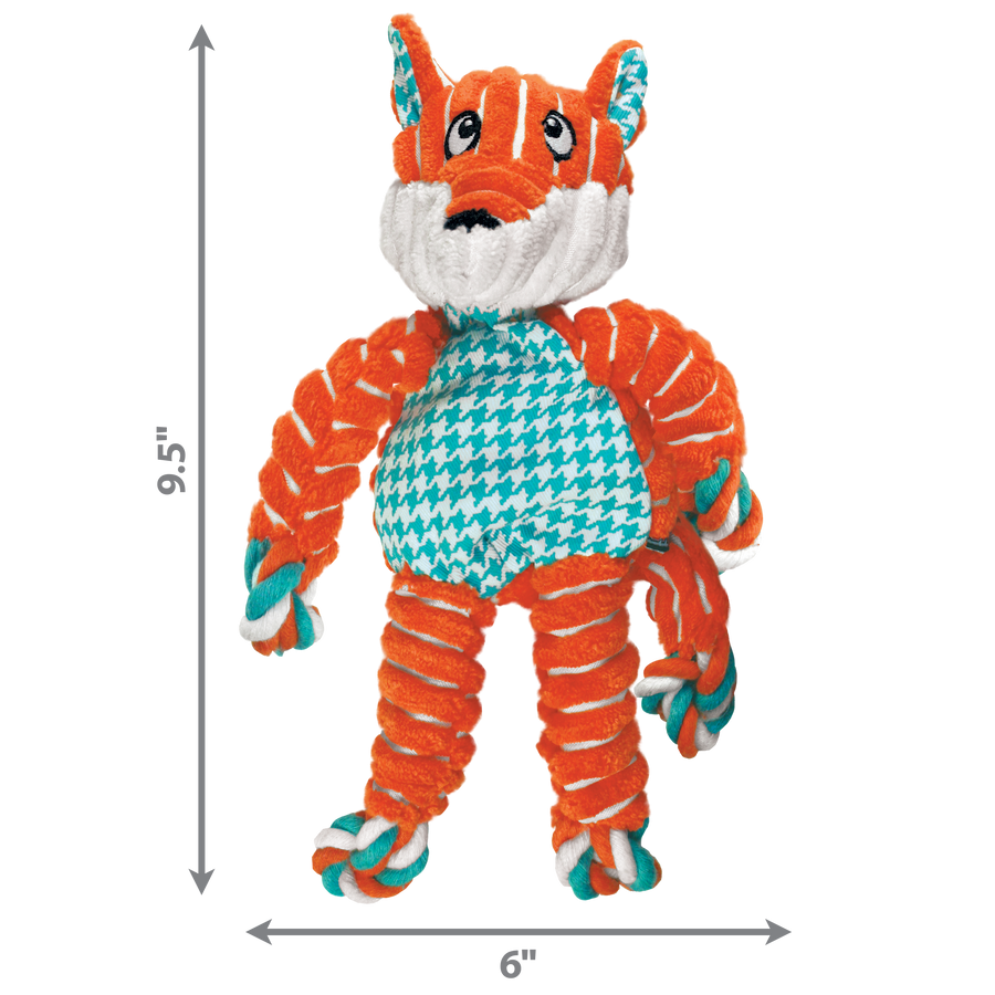 This image provides the dimensions of the KONG Floppy Knots Fox Dog Toy, measuring 9.5 inches in height and 6 inches in width. These dimensions give a clear idea of its size, making it suitable for medium-sized dogs that enjoy interactive and chew-friendly toys.