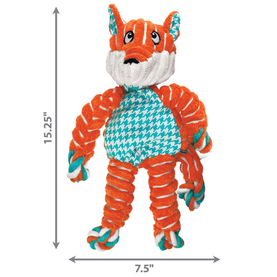 This image provides the dimensions of the KONG Floppy Knots Fox Dog Toy, measuring 15.25 inches in height and 7.5 inches in width. These dimensions give a clear idea of its size, making it suitable for large-sized dogs that enjoy interactive and chew-friendly toys.