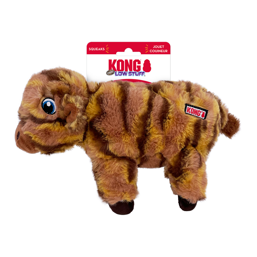 Front Packaging of KONG Low Stuff Stripes Cow Plush Dog Toy