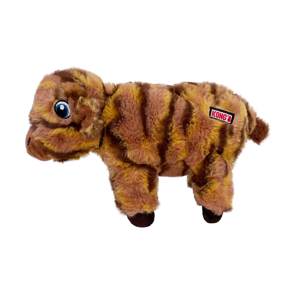 Side Profile of KONG Low Stuff Stripes Cow Plush Dog Toy