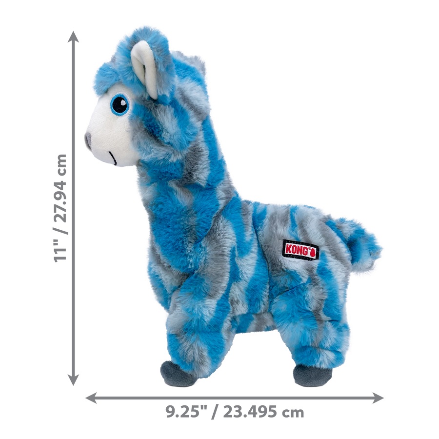 9.25 x 11 inches size of KONG Low Stuff Stripes Llama Plush Dog Toy Blue