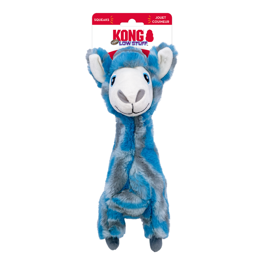 Front packaging of KONG Low Stuff Stripes Llama Plush Dog Toy Blue