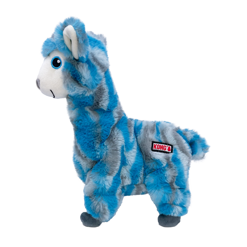 Side Profile of KONG Low Stuff Stripes Llama Plush Dog Toy Blue