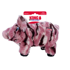 KONG Low Stuff Stripes Pig Dog Toy with a soft plush design, featuring a pink and dark brown striped pattern resembling a wild boar. The toy has blue embroidered eyes, black hooves, and a slightly textured snout. The KONG logo is sewn onto the side. The packaging at the top displays the KONG brand name, with 'Low Stuff' written underneath, indicating minimal stuffing inside. The tag also mentions that the toy squeaks.
