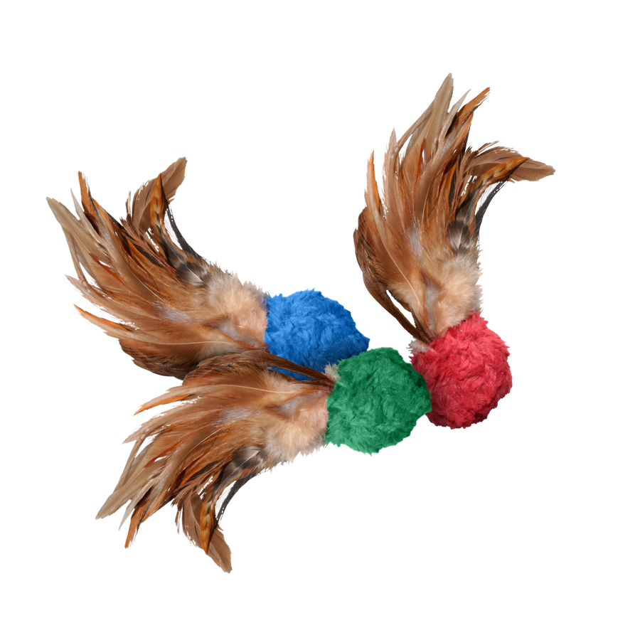 KONG Naturals Crinkle Ball with Feathers Cat Toy Blue, Red and Green