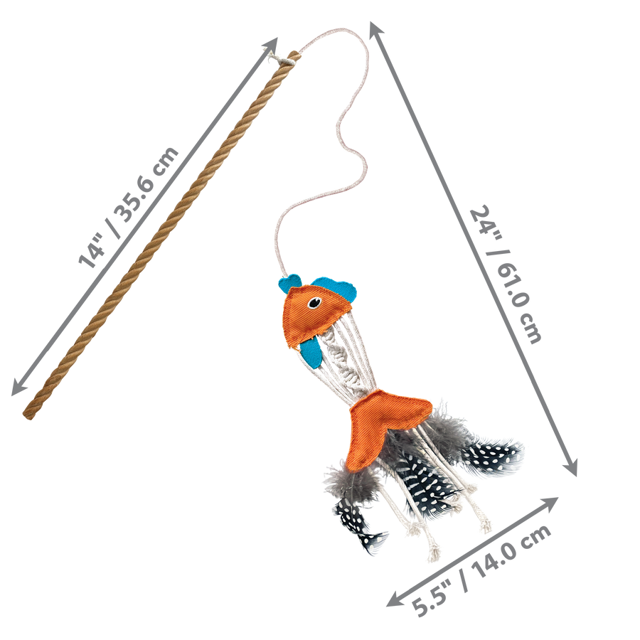14 inches stick long by 5.5 inches toy width 24 inches long rope KONG Naturals Fish Teaser Cat Toy