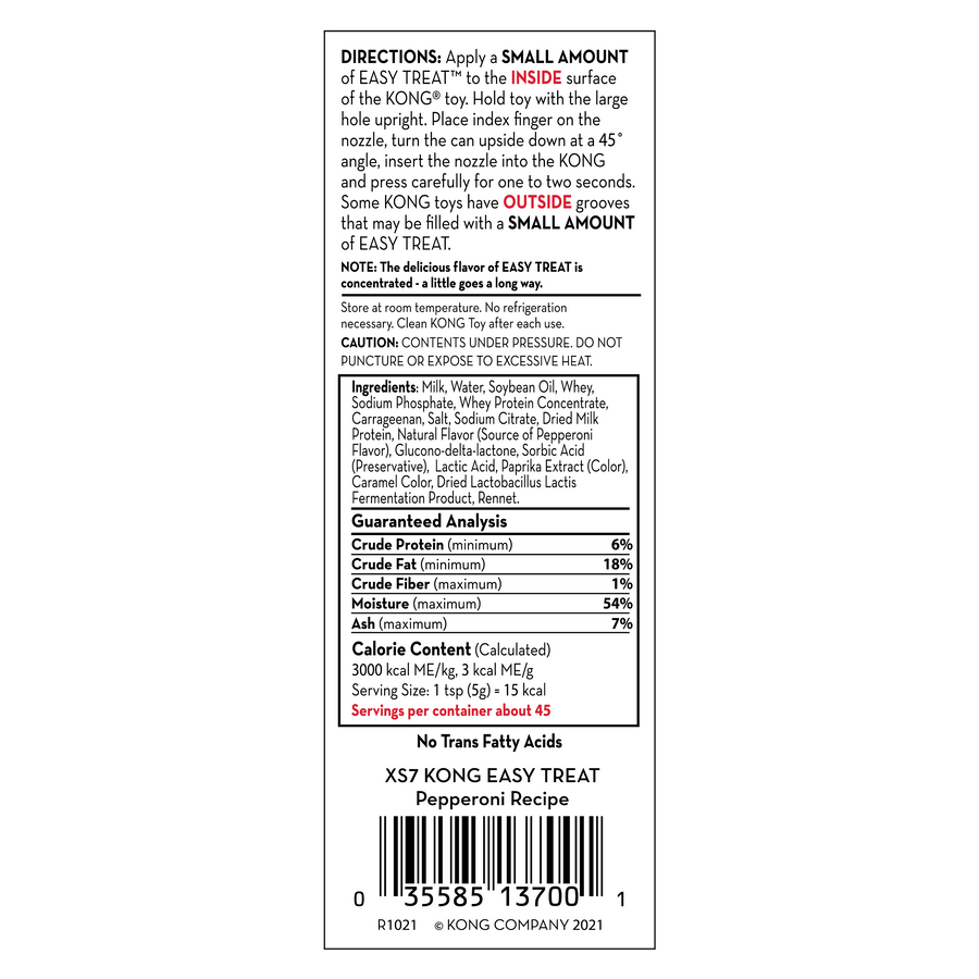 Back Label of KONG Pepperoni Easy Treat for Dogs showing Direction, Guaranteed Analysis, Ingredients and Calorie Content