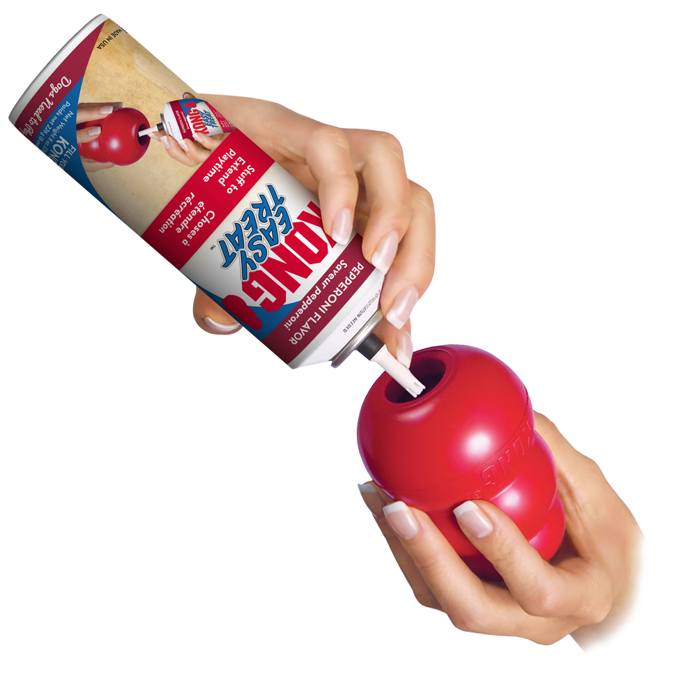KONG Pepperoni Easy Treat™ is a delicious treat that delights all types of dogs while providing an easy no-mess solution for pet parents. Made in the USA, this highly-digestible and trans-fat free treat is an enticingly delicious addition when added to a stuffed KONG. 