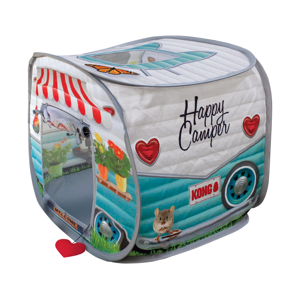 KONG Play Space Camper Cat Cube, a pop-up cat cube designed to look like a vintage camper with the words "Happy Camper" on the side