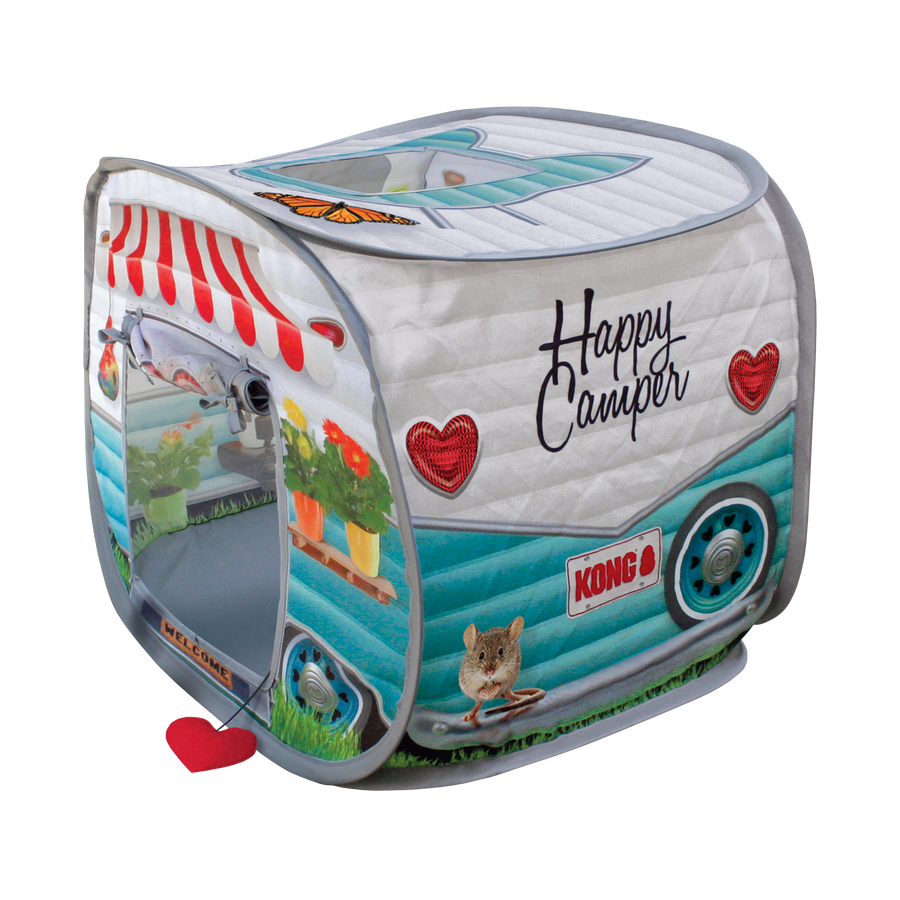 KONG Play Space Camper Cat Cube, a pop-up cat cube designed to look like a vintage camper with the words "Happy Camper" on the side