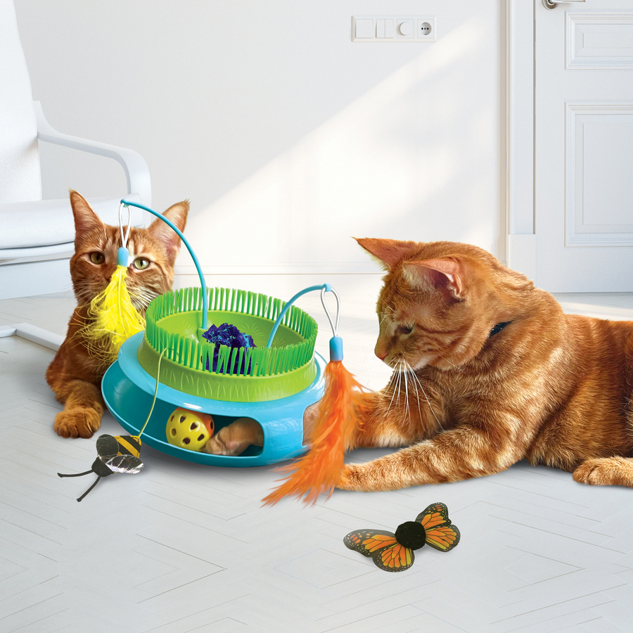 2 Cats playing KONG Playground Garden Cat Toy Orange & Yellow Feathers